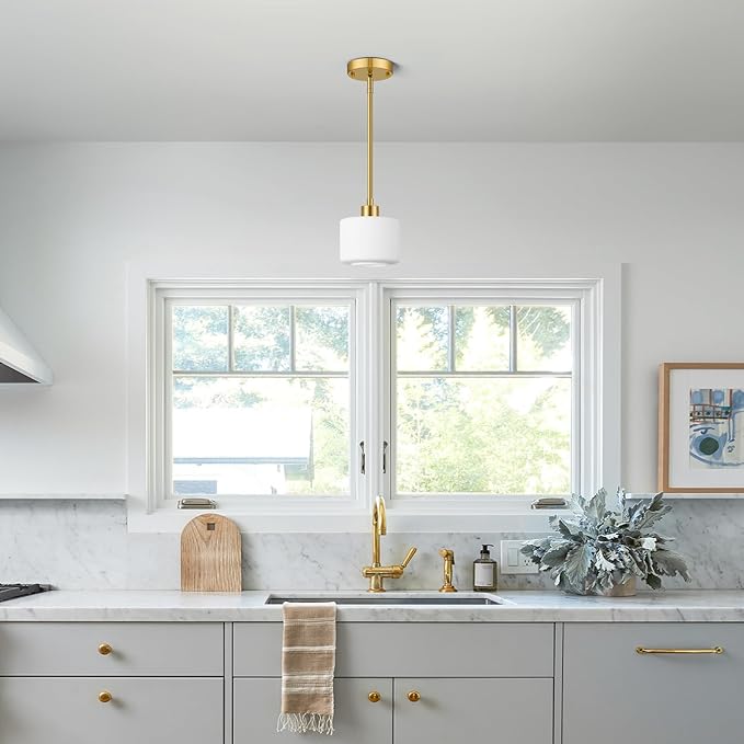 Brushed Gold Pendant Lights Kitchen Island 2 Pack, Modern Milk Glass Hanging Light Fixtures with Rods, Mini Kitchen Pendant Lighting Over Island for Sink Bathroom, OS-YQ8153-2PBG