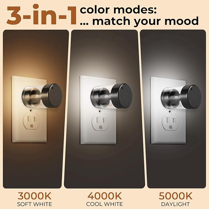 2 Pack Dimmable LED Night Light,Touch Control & 3-Color Temperature (3000K-5000K) Plug-in Wall Nightlight with Dusk to Dawn Sensor,Stepless Dimming100%-10%, IP65 Waterproof for Bathroom Hallway Stairs