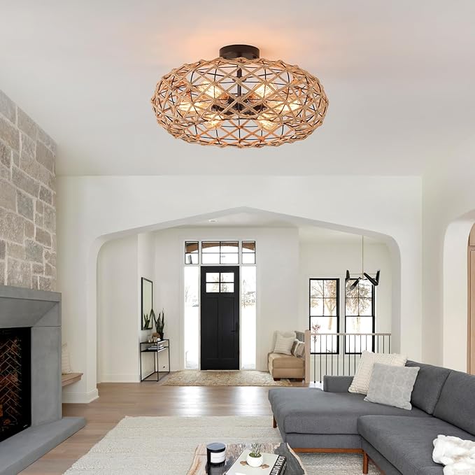 6-Light Large Coastal Boho Woven Flush Mount Ceiling Light Fixture 20 inch Handmade Hemp Rope Round Cage Semi Flush Mount Ceiling Light for Hallway Entry Farmhouse Bedroom Living Room Beach, Black