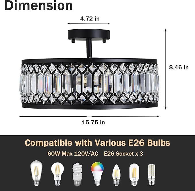 16" Black Crystal Ceiling Light, 3-Light Modern Semi Flush Mount Ceiling Light Fixture, Round Crystal Chandelier for Dining Room Bedroom Living Room Kitchen Hallway, E26 Sockets