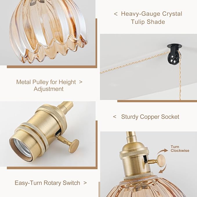 2 Pack Plug in Pendant Light Fixtures, Hanging Light Fixture Vintage Glass Pendant Light, Mini Amber Tulip Hanging Lamp, Pendant Lighting for Kitchen Island, Bedroom, Dining Room, Living Room