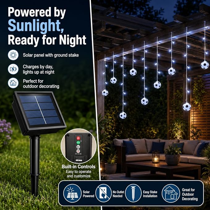 Solar Soccer String Lights, 11.5FT Soccer Ball Curtain Lights with 96 LEDs & 24 Hanging Strands, 8 Modes Timer Outdoor Soccer Party Decorations for Patio Game Day Fan Room