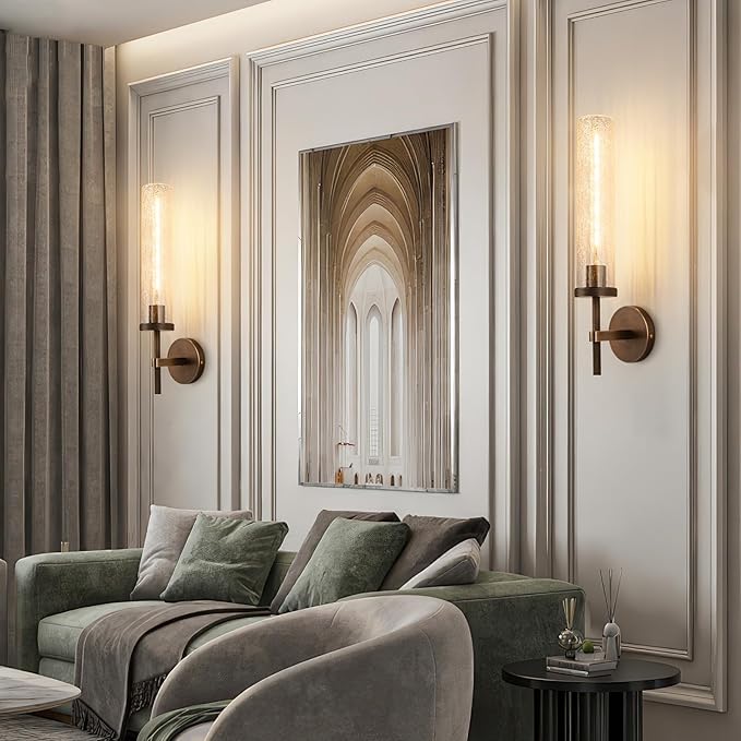 19.5" Knurled Brass Wall Sconce with Crackle Glass Tube, Bronze Bathroom Vanity Light Fixtures, Modern Lamp Lighting for Bedroom, Living Room, Hallway, Staircase, Mirror, Kitchen