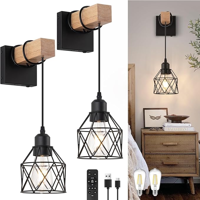 Battery Operated sconces Set of 2 for Bathroom, Dimmable Wall Sconces with Remote Control, LED Wireless Wall Lights for Living Room, Hallway, Bedroom(2 Pack)