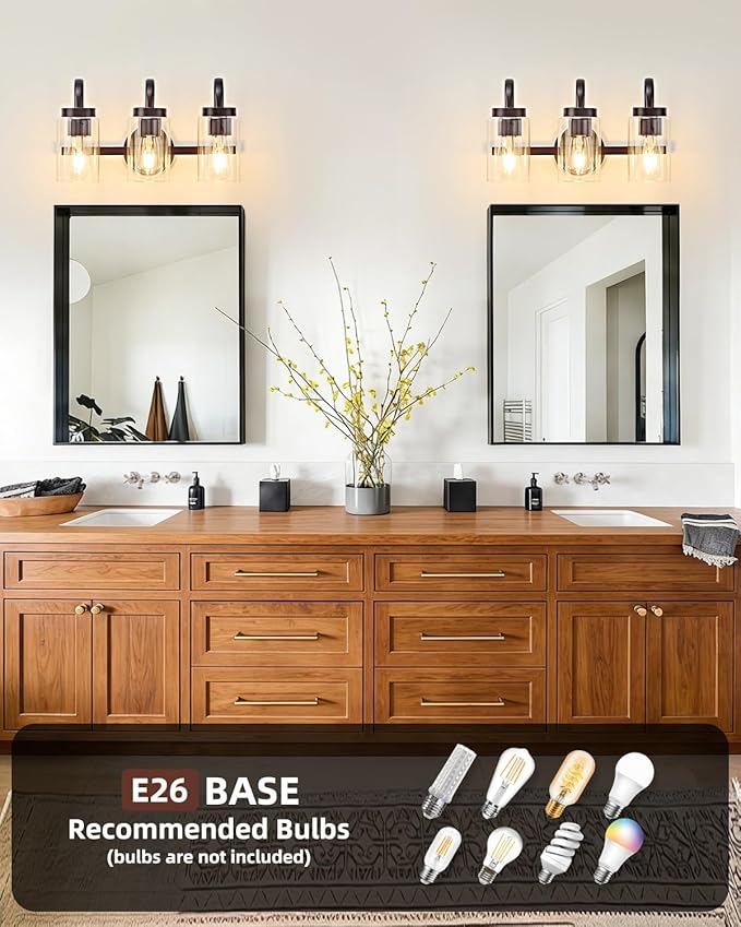 3 Light Bathroom Vanity Light, Black Coffee Vanity Lights for Bathroom, Modern Light Fixtures Over Mirror with Clear Glass Shade, Wall Sconce Lighting for Bedroom Living Room Hallway