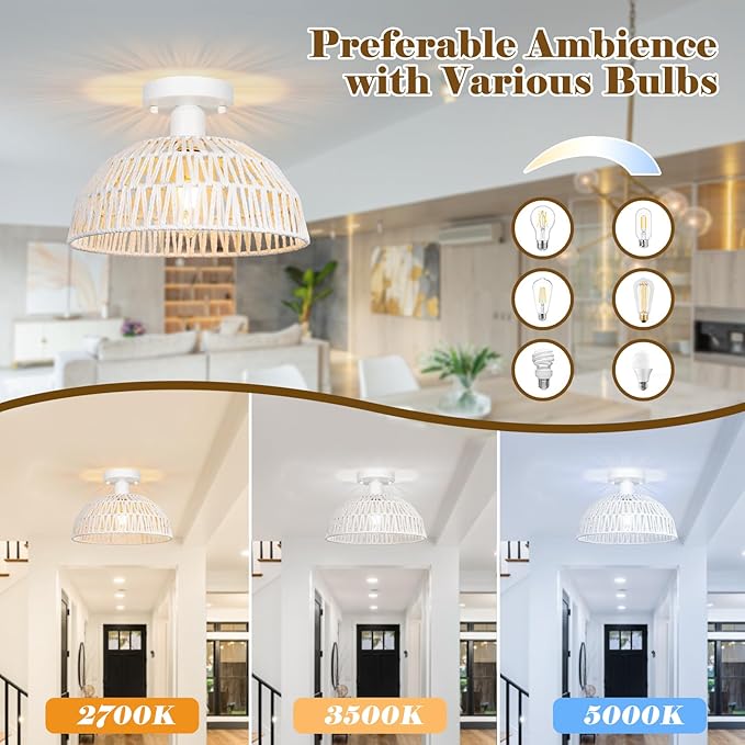 Rattan Ceiling Light Fixtures 2 Packs-White Rustic Woven Basket Flush Mount Ceiling Light, Handmade Wicker Ceiling Lamp, Rattan Chandelier For Kitchen Island, Hallway, Living Room, Bedroom, E26 Base