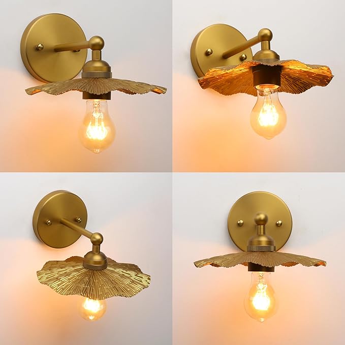 Phansthy Hardwired Wall Lighting, Barn Wall Sconces Antique Brass Indoor Wall Lights with Hammered Metal Lotus Leaf Texture Shade, Vanity Wall Lamp for Bathroom Bedroom Kitchen (One-Light 2 Pack)