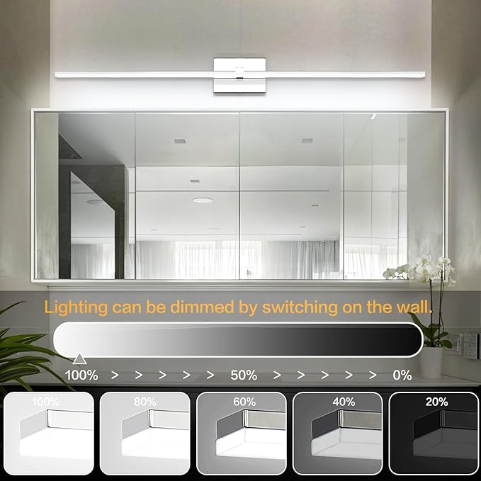 ZUZITO Modern Bathroom Vanity Light 48 inch 32W Dimmable 5CCT LED Bathroom Light Fixture Over Mirror Chrome Vanity Lights Bar for Bath