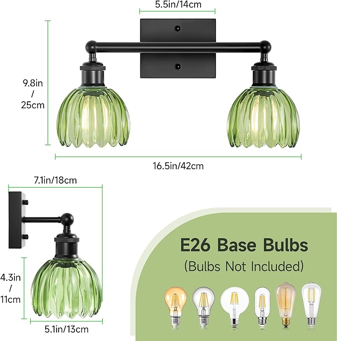 Bathroom Light Fixture,2-Light Vintage Bathroom Sconces Over Mirror, Black Fancy Vanity Lights, Flower Light Fixture with Green Tulip Glass Shade for Bedroom, Living Room, E26 Base
