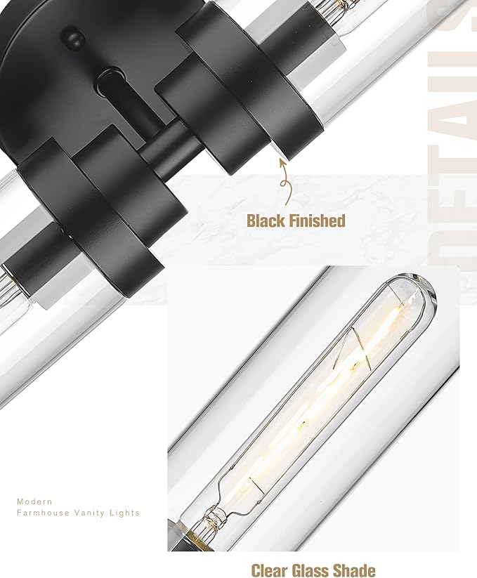 Emak 2 Light Black Vanity Lights for Bathroom,22 Inch Bathroom Light Fixtures Modern Wall Sconces with Clear Glass Shade for Bath, Bedroom, Hallway, VL085-BK-2