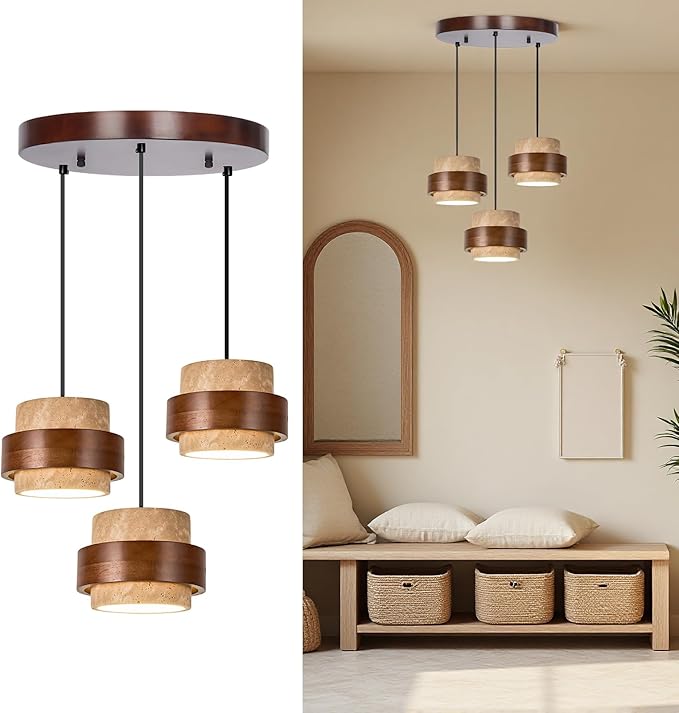 Wabi Sabi Pendant Light - Japandi Nordic Fixture Lamp, Natural Wood & Stone Concrete Chandelier for Japanese Bedroom, Kitchen Island & Dining Room (Yellow Travertine Rotund 3-Head)