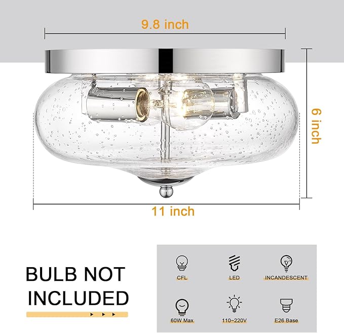 Darkaway Ceiling Light Fixtures Flush Mount Indoor Outdoor Ceiling Light with Seeded Glass Shade for Hallway Kitchen Bedroom Porch Living Room Dining Room Chrome Finish