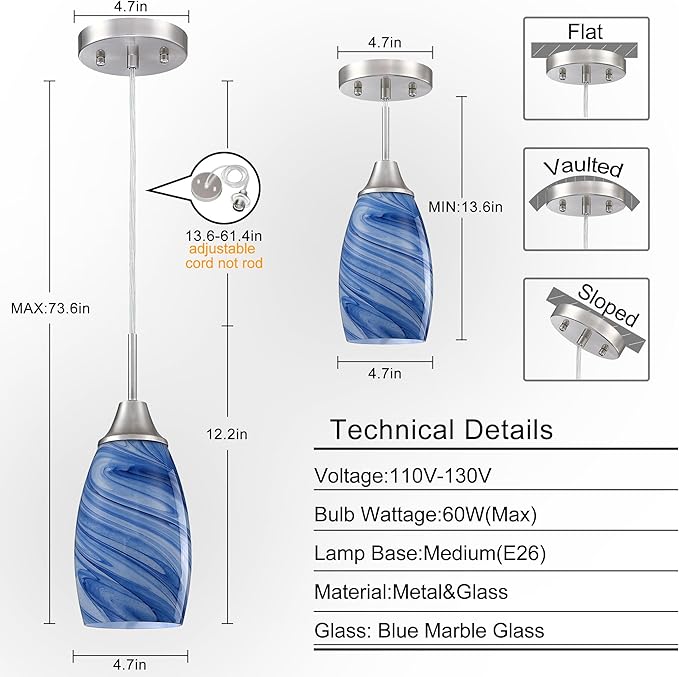 Viinew Glass Pendant Light with Handblown Dark Blue Marble Art Glass Shade Ceiling Light 3-Pack Mini Hanging Pendant Light for Kitchen Island,Dining Room,Living,Foyer,Hallway