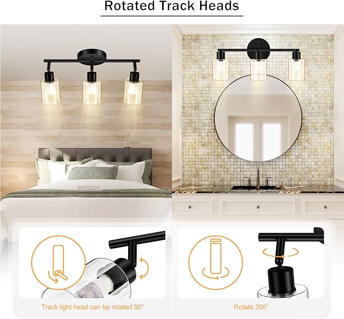 3 Light Led Track Lighting Kit, Glass Lightshade, Modern 3 Way Ceiling Spot for Kitchen, Dining Room, Bedroom, Hallway, Flexibly Rotatable Head, Black, GU10 Bulb Not Included