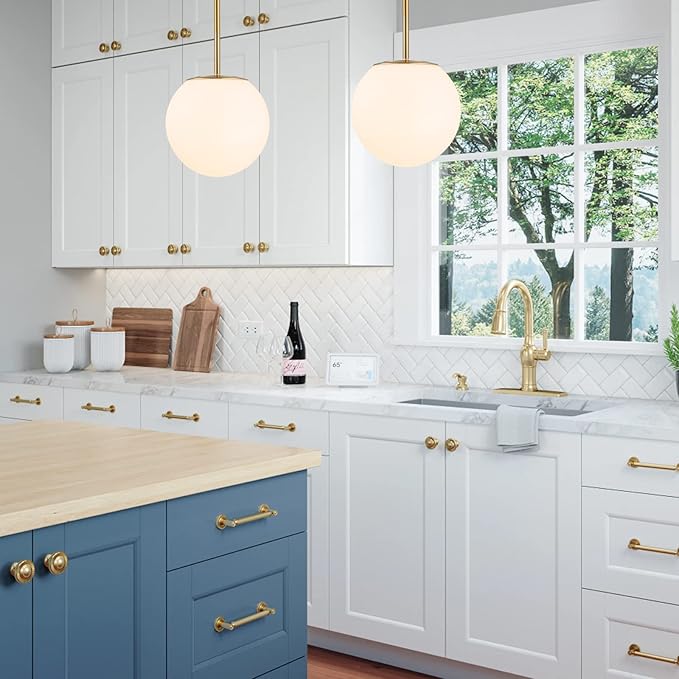 Modern Globe Pendant Light – Large Mid Century, Shatterproof Acrylic Opal Shade, Gold Finish, 2-Light, Adjustable Height for Sloped Ceilings, Hanging Lamp for Kitchen Island Dining Room Hallway