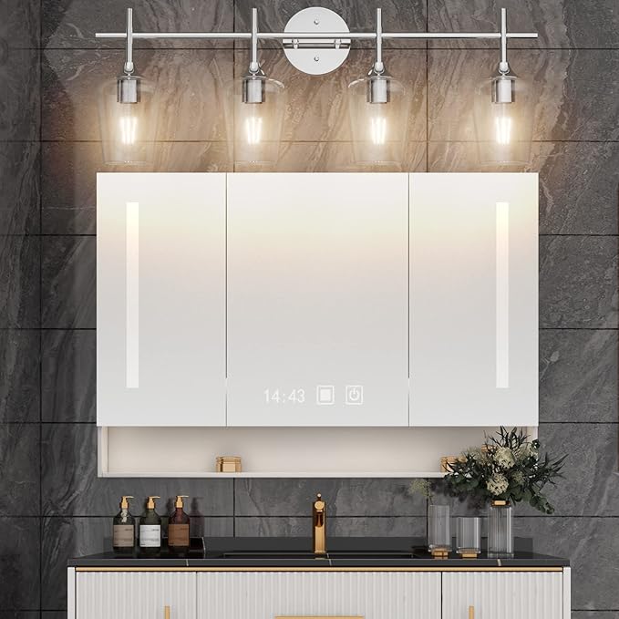 Ralbay Chrome Bathroom Vanity Light - 4 Light Industrial Farmhouse Style, Clear Glass, Over Mirror