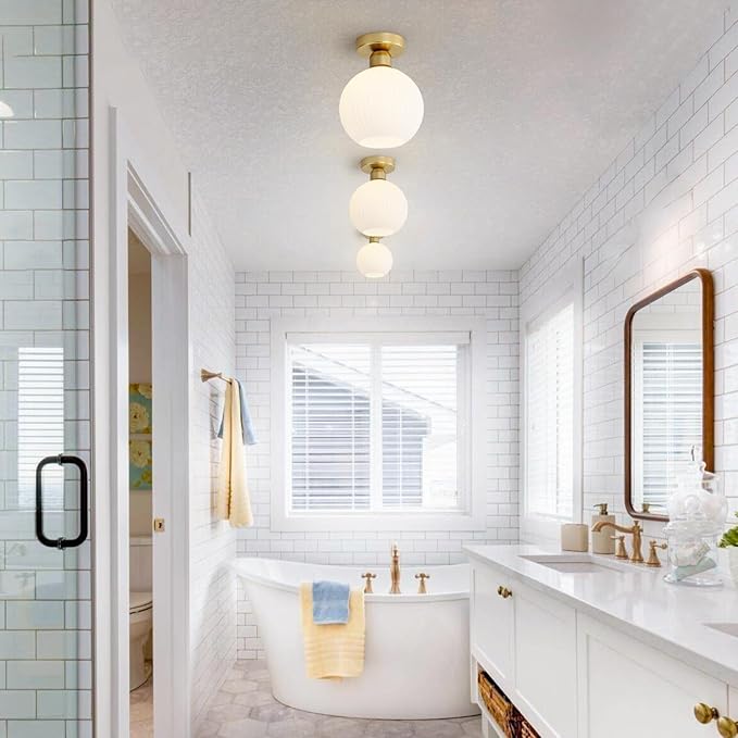 KCO Lighting Small Antique Brass Flush Mount Ceiling Light White Ribbed Glass Ceiling Fixture Mid Century Modern Semi Flush Mount Milk Glass Globe Light