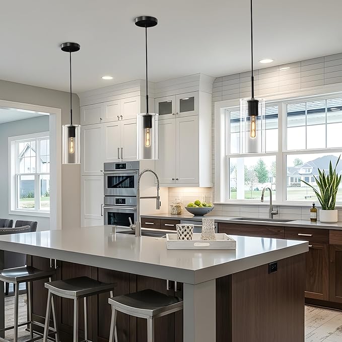 Modern Pendant Light Kitchen Island Set of 2, Adjustable Black Clear Glass Pendant Light Fixtures, Pendant Lighting Over Island, Indoor Chandelier for Bedroom Bathroom, Included Bulb