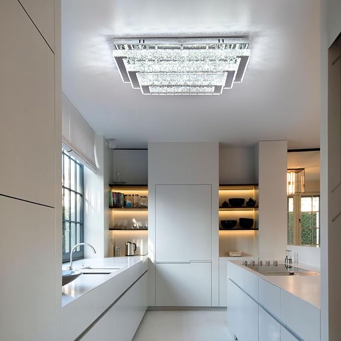 Finktonglan Modern Crystal LED Ceiling Light Fixture 20” Rectangular Flush Mount Chandelier Ceiling Lights 3-Tiers Stainless Steel Ceiling Lamp Fixtures for Living Room Dining Room(6500K Cool White)