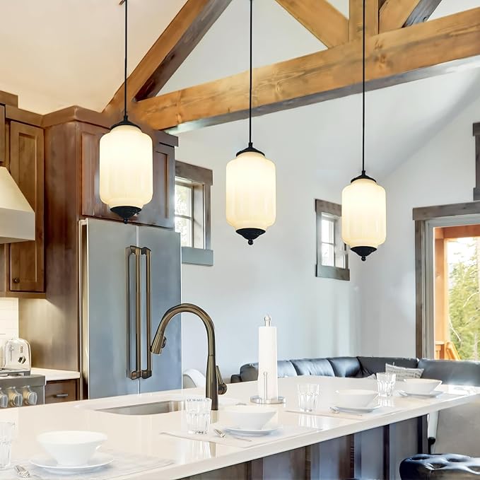 Vintage Milk Glass Pendant Lights Kitchen, Brass Color Glass Ceiling Light Fixture, Retro Industrial Pendant Lighting for Dining Room, Kitchen, Bedroom, Entryway, Hallway (White, 5.5in)