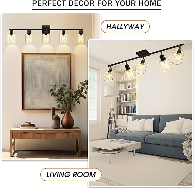 5-Light Track Lighting Fixtures with Clear Glass Shade, Modern Kitchen Lighting Fixtures Ceiling, Rotatable Track Head, Wall Mount Track Light for Bedside Vanity Hallway Bedroom, Matte Black