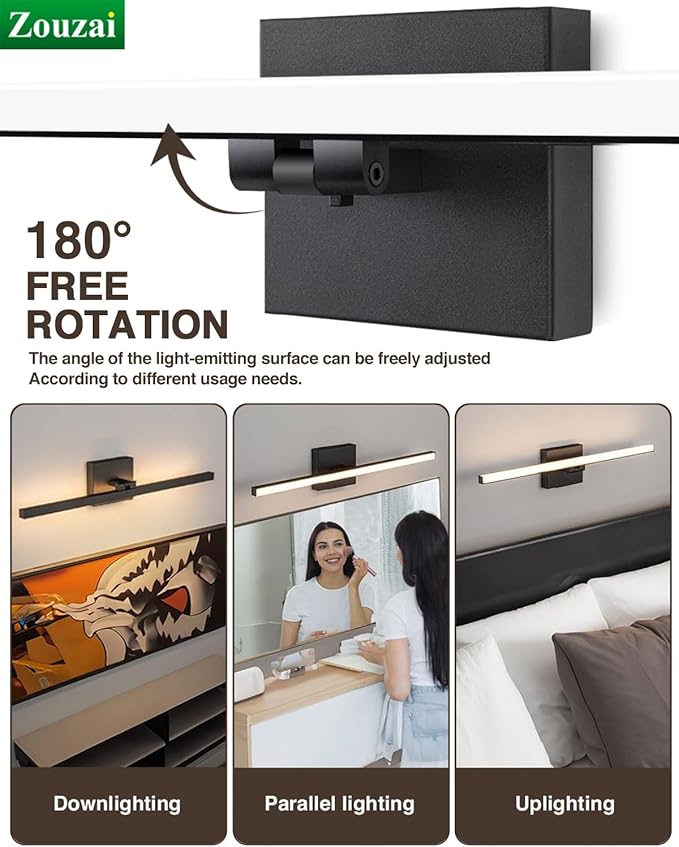 zouzai Second Generation Modern LED Bathroom Vanity Light Bar Black IP44 Over Mirror Bath Wall Fixture 5CCT Adjustable, Dual-Sided, 180° Adjustable Angle (24 inch)