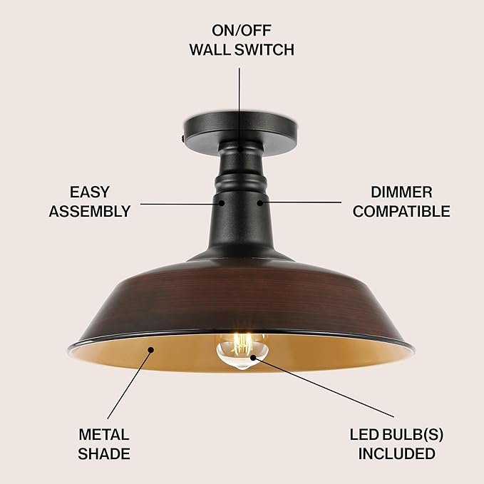 JONATHAN Y 14" Oil Rubbed Bronze/Black Industrial LED Semi Flush Mount Ceiling Light for Porch, Kitchen, Entryway, Modern Farmhouse Iron Fixture, White Metal Shade, LED Bulb Included (JYL7617G)