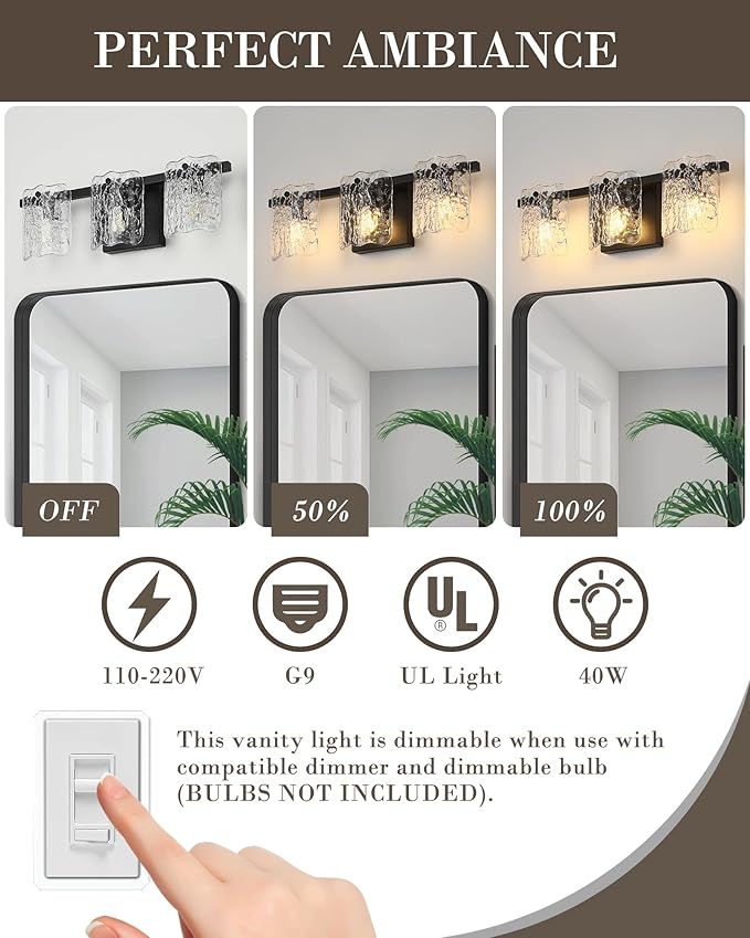 3-Light Bathroom Vanity Light, Black Bathroom Light Fixture Over Mirror with Clear Glass, Modern Bath Wall Sconce Light for Bath Restroom, OS-MM5002-3BK