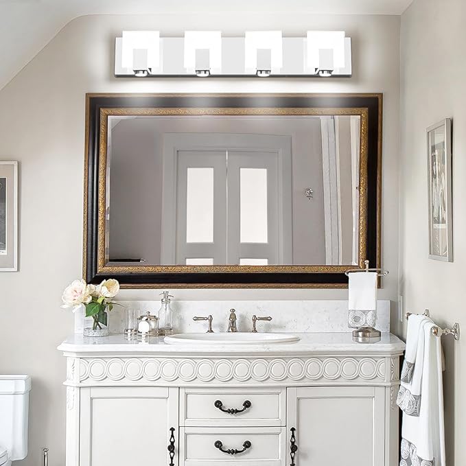 SOLFART Bathroom Vanity Light Chrome Stainless Steel Acrylic LED Bathroom Light Fixtures Over Mirror 4 Lights ND