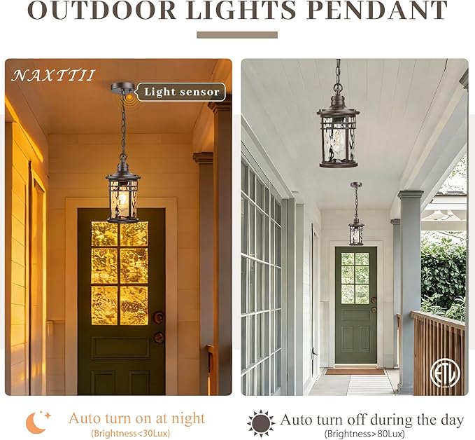 Outdoor Hanging Lantern Light Dusk to Dawn Hanging Porch Light Anti-Rust Aluminum Outdoor Chandelier for Front Door Gazebo E26 Socket Oil Rubbed Bronze Finish