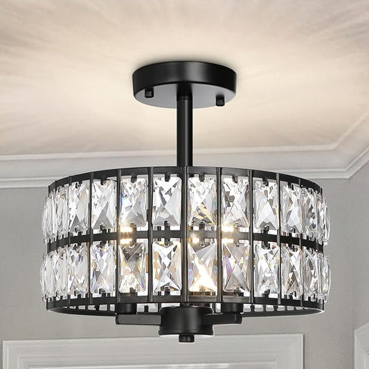 3-Light Round Crystal Ceiling Light Fixture Black Semi Flush Mount Chandelier, 12.6" Farmhouse Kitchen Ceiling Light Fixtures with Cylinder Drum Shade for Hallway Dining Room Bedroom