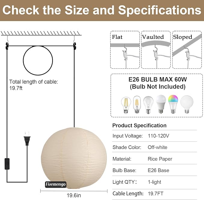 Paper Lantern Lamp Plug in Hanging Lamp, 20in Off-White Rice Paper Pendant Light with 19.7FT Cord Large Globe Japanese Japandi Wabi Sabi Chandelier for Dining Living Room Bedroom 1 Pack