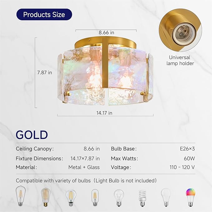 Brushed Gold Semi Flush Mount Ceiling Light Fixture, 14.1'' Modern Drum Glass Hallway Ceiling Light Fixtures, Mid Century Kitchen Lights for Entryway Foyer Dining Room Table Bathroom Bedroom Laundry
