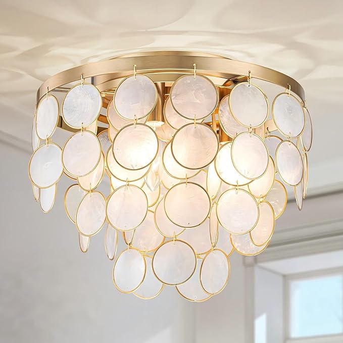 3-Light Capiz Shell Ceiling Light, Coastal Design Flushmount Light Fixture for Dining Room, Living Room, Bedroom, True Shell & Gold Finish Frame