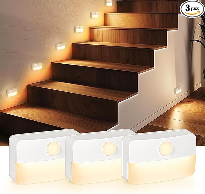 Guankai 3 Pack Motion Sensor Stair Light for Indoor, Battery Operated Closet Lights, Wireless Stick on Anywhere Hallway Lamp, Portable Led Night Lamps for Bedroom Under Cabinet Kitchen
