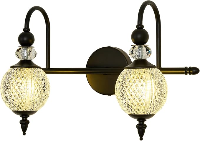 Vintage Vanity Light 2 Lights Black Bathroom Light Fixtures Over Mirror with Acrylic Globe Shade