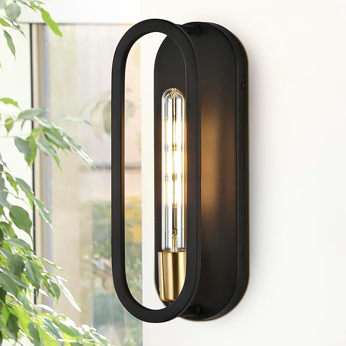JONATHAN Y 4.75" Black/Brass Gold LED Wall Sconce, 1-Light Mid-Century Lamp for Bathroom Vanity, Bedroom, Hallway, Dimmable Bohemian Metal Fixture, LED Bulb Included (JYL9917B)