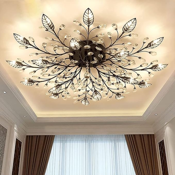 Modern Crystal Ceiling Light Fixture,Semi Flush Mount Chandeliers,Crystal Leaf Ceiling Light, Chandeliers for Dining Room,Living Room,Bedroom