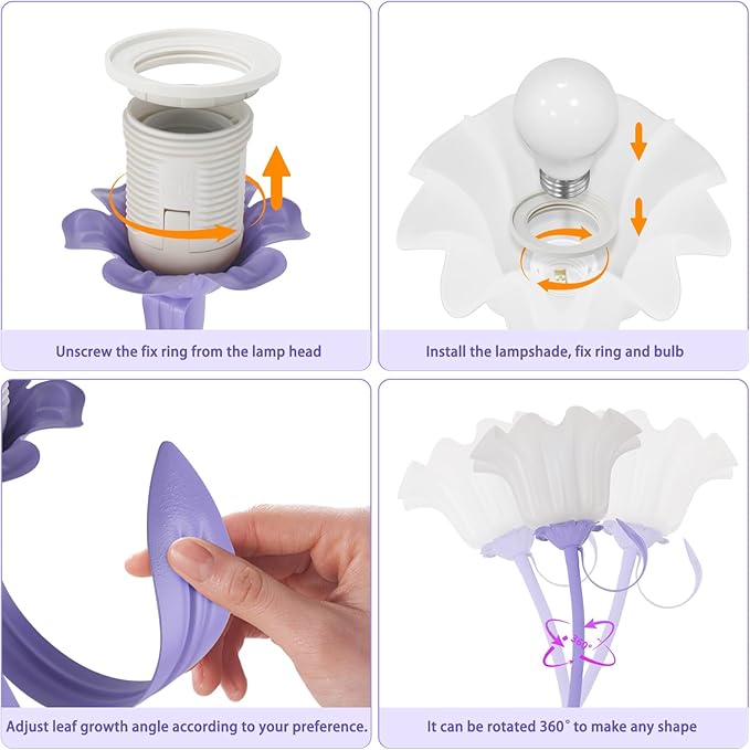 Flower Desk Lamp, LED Reading Light Flower Table Lamp, 3 Colors Flower Lamp for Girls Bedroom, Adjustable Flexible Nightstand Lamps, Bedside Table Lamp for Bedroom, Living Room, Home Decor (Purple)