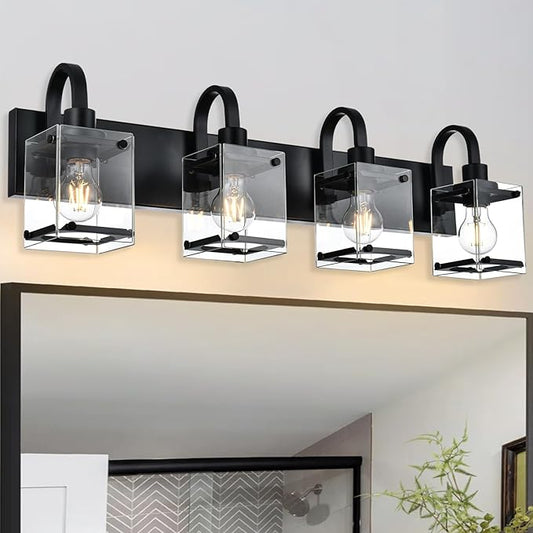 Black Vanity Light Bathroom Lighting Fixtures 4 Light Sconces Wall Lighting Mid Century Rustic Vanity Lights with with Glass Shade Porch Cage Wall Lamp for Mirror, Living Room, Bedroom