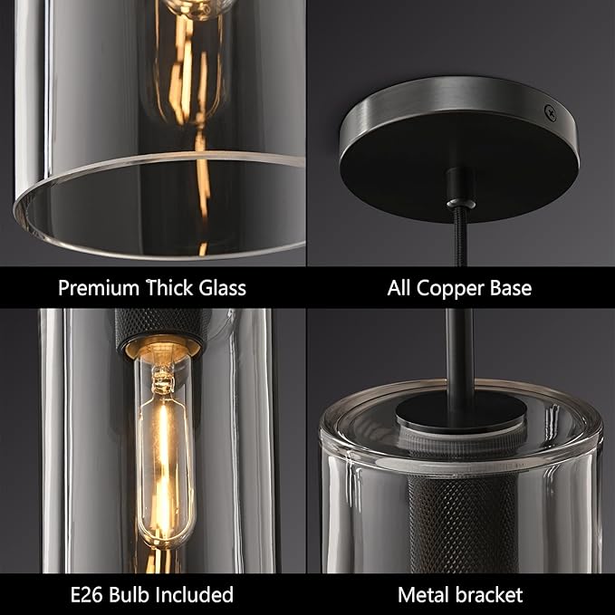 Modern Pendant Light Kitchen Island Set of 2, Adjustable Black Clear Glass Pendant Light Fixtures, Pendant Lighting Over Island, Indoor Chandelier for Bedroom Bathroom, Included Bulb