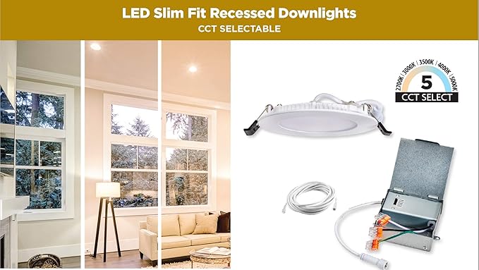 Topaz LED 4 Inch Slim Fit Round Recessed Downlights, 9W, Ceiling Light with Junction Box, 5CCT Selectable 2700K,3000K,3500K,4000K,5000K, White