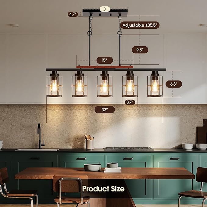 5-Light Dining Room Light Fixture, Chandeliers for Dining Room with Metal Lampshade, 33.4" Kitchen Island Lighting for Dining Rooms, Kitchens, and Islands, with Adjustable Height