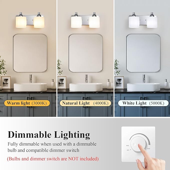 Mecgirn Stainless Steel Milk Glass Vanity Lights for Bathroom, 2 Light Polished Chrome Bathroom Light Fixtures Over Mirror, Ceramic E26 Sockets Wall Mounted