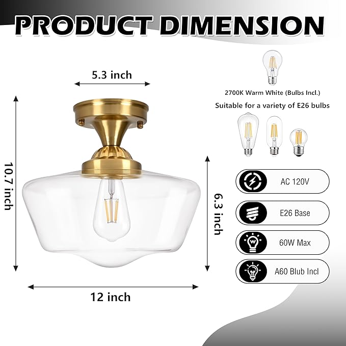 Brass Schoolhouse Light Fixture 12" Mid Century Light Fixture Schoolhouse Light Fixtures Ceiling Clear Glass Semi Flush Mount Ceiling Lights for Bedroom Bathroom Kitchen(Bulb Incl.)