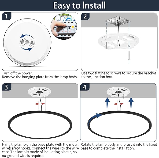 16 Inch Flush Mount Ceiling Light with Remote, 36W Dimmable LED Fixture 3600LM, 3000K-6500K Adjustable, Round Ceiling Lamp for Bedroom, Kitchen, Living Room, Dining Room, Bathroom, Black
