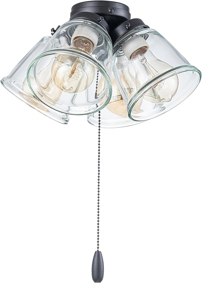Aspen Creative 22017-1, Four-Light Ceiling Fan Light Kit with Pull Chain, Matte Black Finish with Clear Glass Shades, 13-1/8" Diameter x 6-3/4" Height