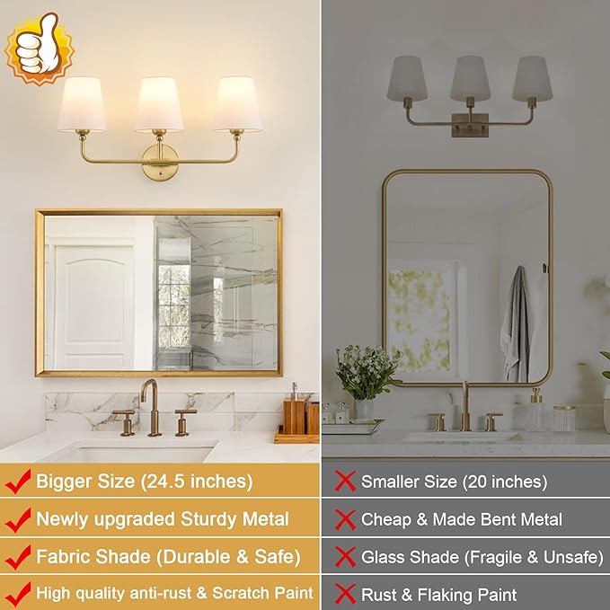 Bathroom Light Fixtures, 3-Light Brushed Gold Vanity Lights, 24.5" Bathroom Lighting Fixtures Over Mirror with Flared White Fabric Shade, Modern Wall Sconces for Bedroom Living Room Hallway