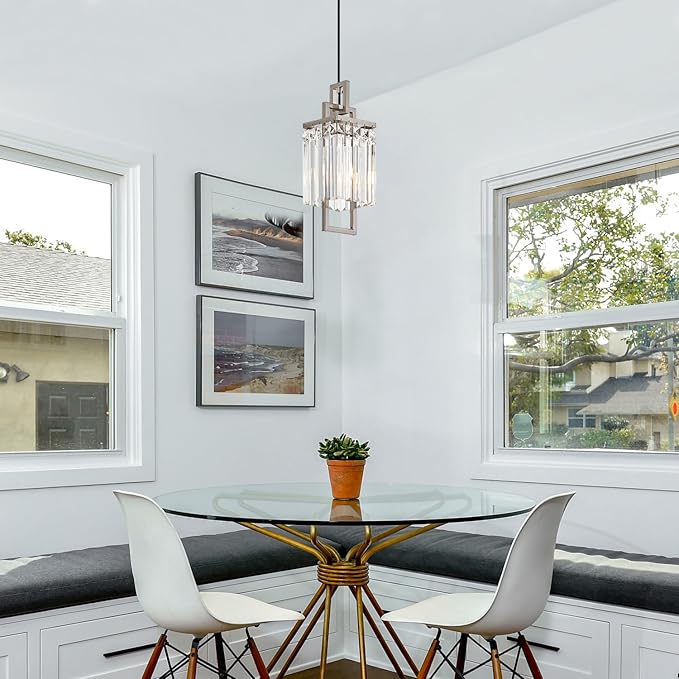 Modern Brushed Nickel Pendant Light Fixture for Kitchen Island and Dining Room, Industrial Small Hanging Crystal Chandelier Light Fixture for Bedroom Entryway Living room Foyer Hallway 1-Pack
