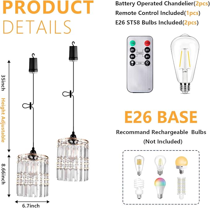 TWINKVILLA Battery Operated Chandelier, 2Pack Hanging Gazebo Lights, Acrylic Crystal Beaded Pendant Lights Outdoor Waterproof for Patio Tree Pergola Porch and Indoor Decor (2)